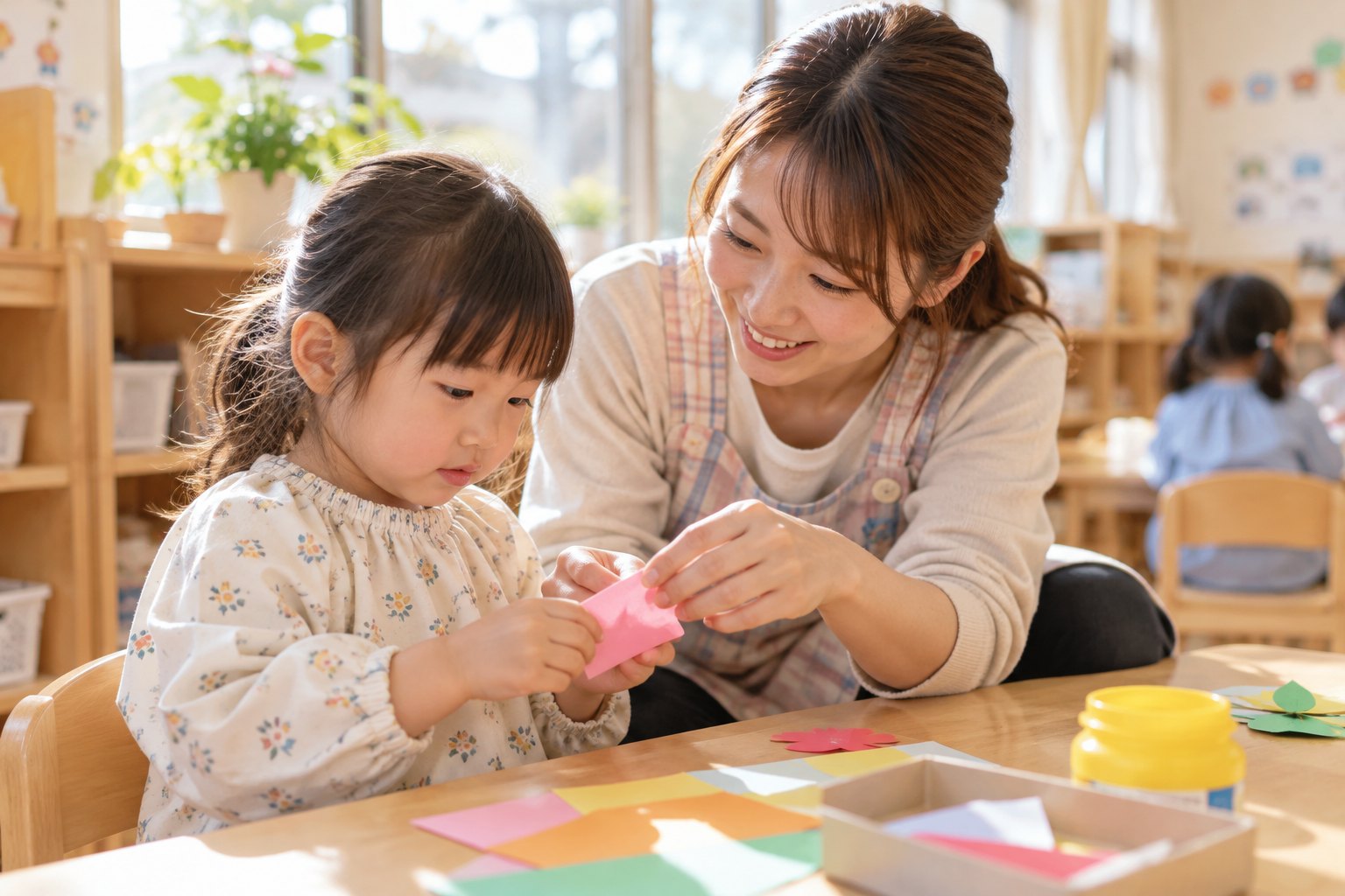 保育士と制作を楽しむ子ども